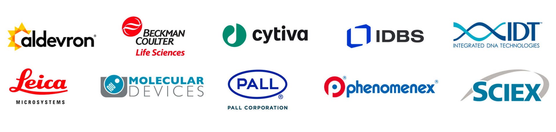 Partner logos - Aldveron, Becker Coulter Life Sciences, Cytiva, IDBS, Integrated DNA Technologies, Leica Microsystems, Molecular devices, Pall corporation, Phenomenex, Sciex